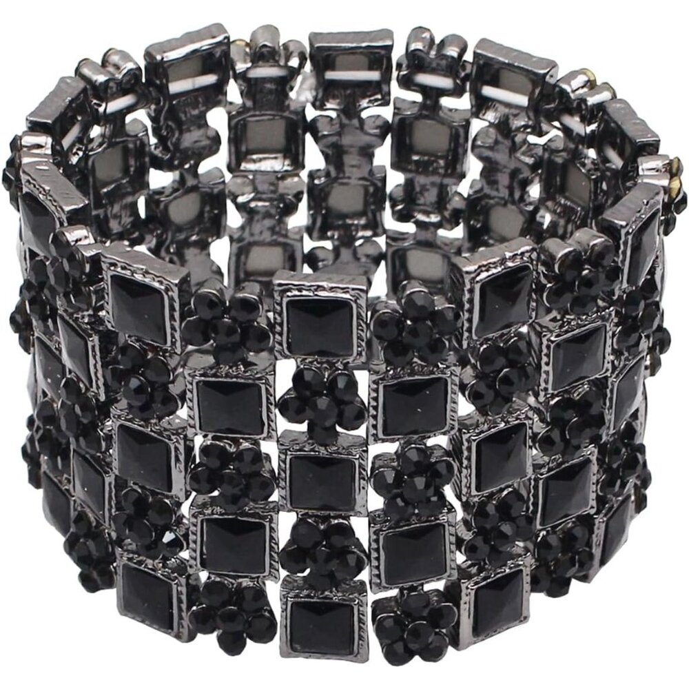 Art Deco Flower Crystal Elastic Wide Marquise Cluster Stretch Bangle Bracelet